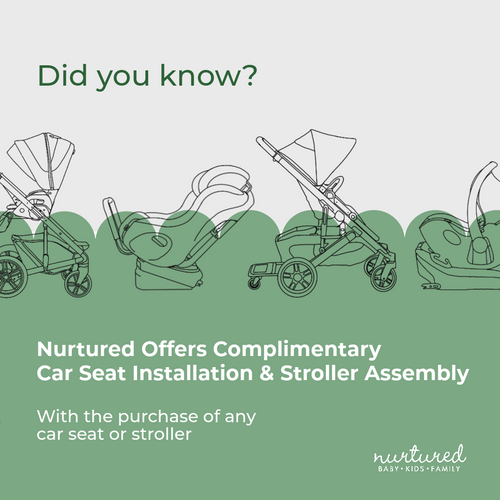 The safest Car Seats and Strollers in Canada (Image depicts line drawing of various baby gear and reads Nurtured Offers Complimentary Car Seat Installation and Stroller Assembly