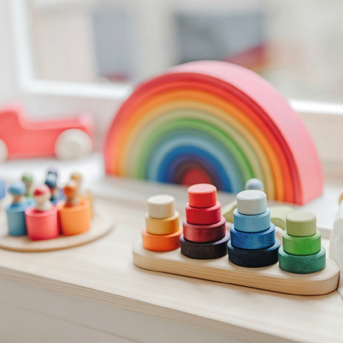 Rainbow hued Children's Wooden Toys for building and stacking open ended playtime