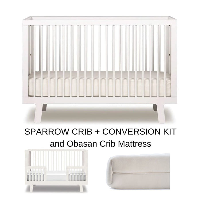 Oeuf Sparrow Crib with Free Extension Kit (White) + Obasan Crib Mattress