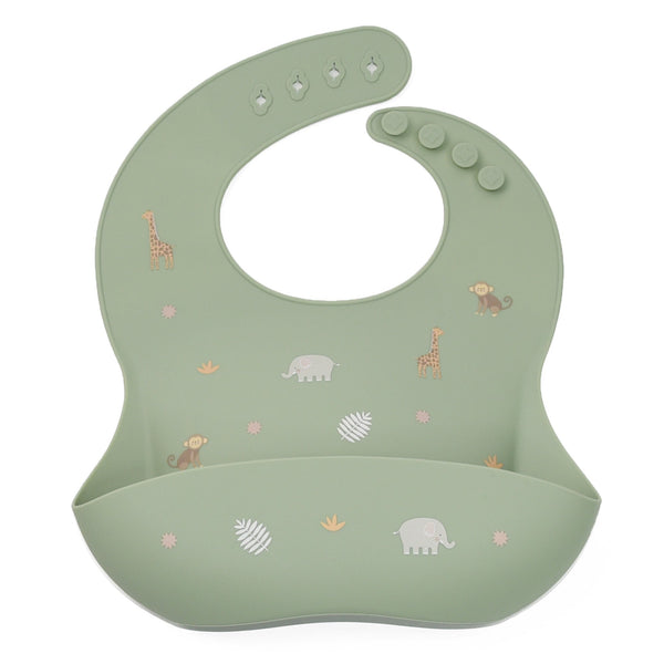 caption-Safari Animal Sage Green Colored Silicone Bib