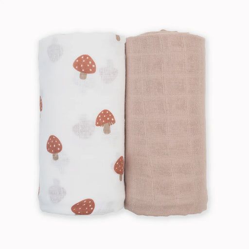 caption-Mushroom Print and Sand colour swaddling blanket 2 pack