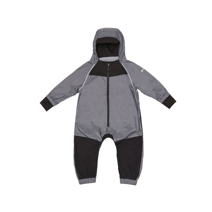 caption-Stonz Rainsuit for toddlers and children in Heather Grey